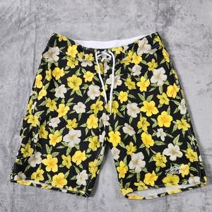 Stussy Board Shorts Mens 32 Green Floral Hawaiian 10" Inseam Cargo Pocket